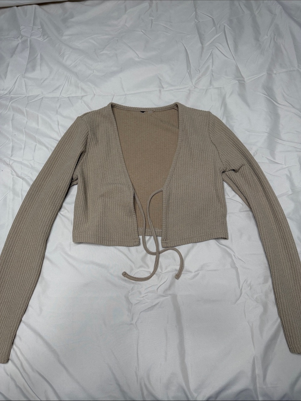 Ribbed Tie-Front Cropped Sweater Cardigan - Cream